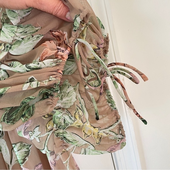 Princess Polly Boho Eden Bloom Tiered Mini Dress Floral Sheer Ruffle Tan Green 6 - Picture 5 of 11